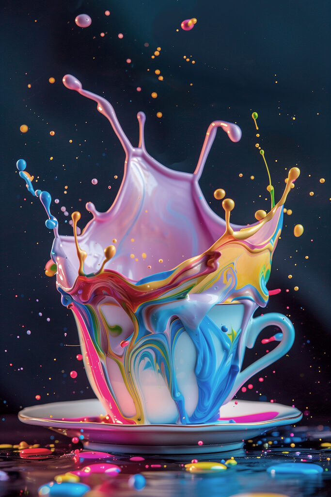 A colorful liquid splashing into a cup