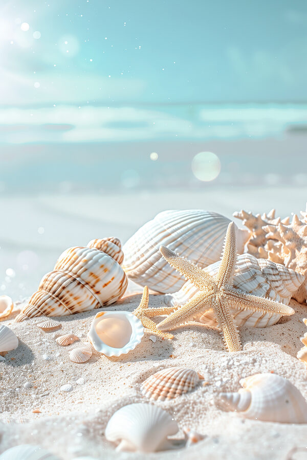 A group of shells and starfish on sand