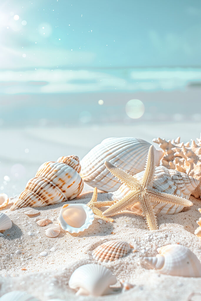 A group of shells and starfish on sand