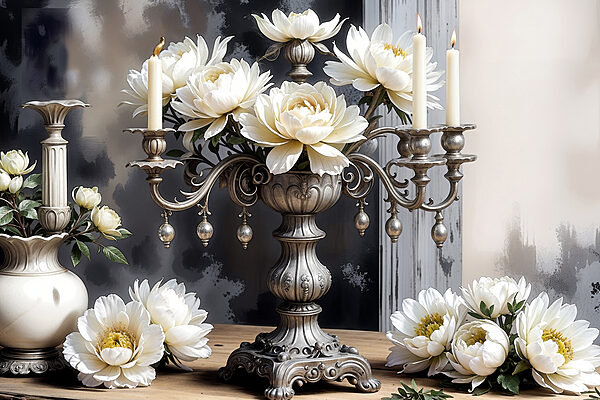 Un candelabru de argint cu flori albe Un candelabru de argint cu flori albe