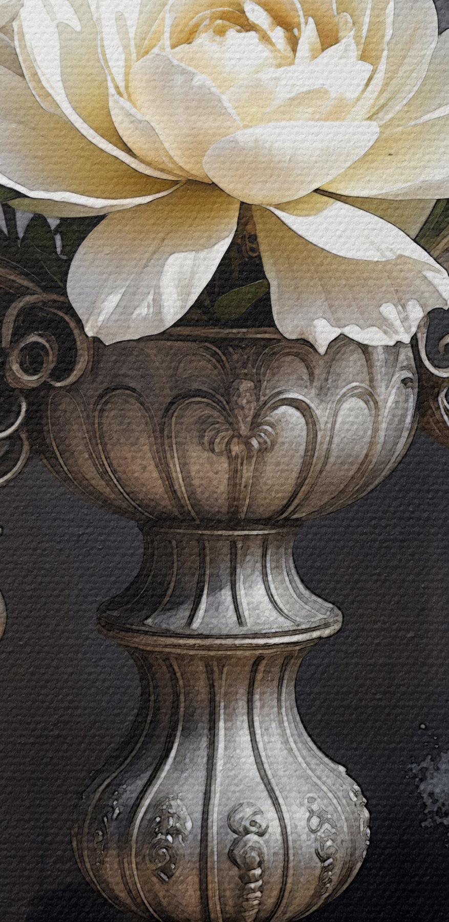 Un candelabru de argint cu flori albe