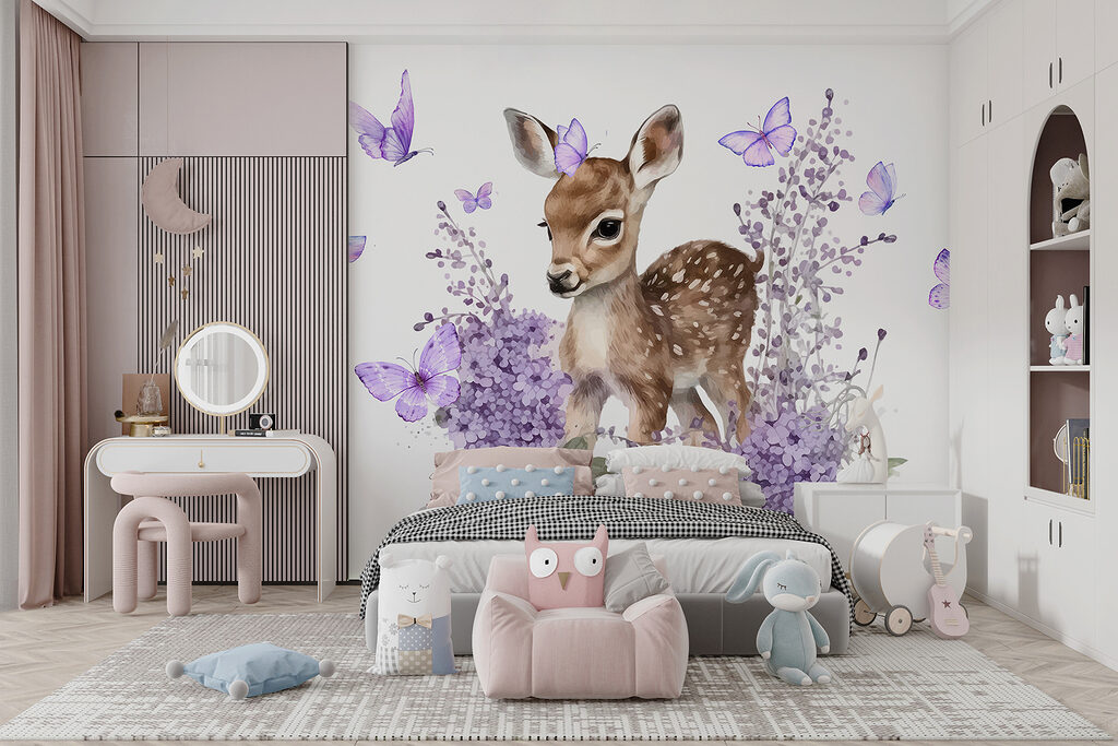 Baby deer surrounded by purple flowers