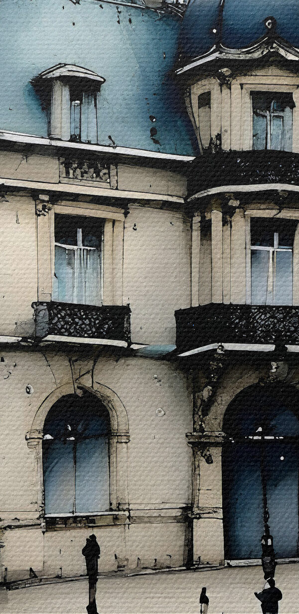 Pictura de o clădire cu copaci și o lampă de stradă Pictura de o clădire cu copaci și o lampă de stradă