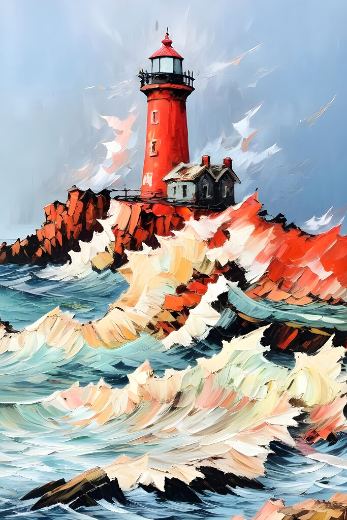 Painting of a lighthouse in the ocean Painting of a lighthouse in the ocean