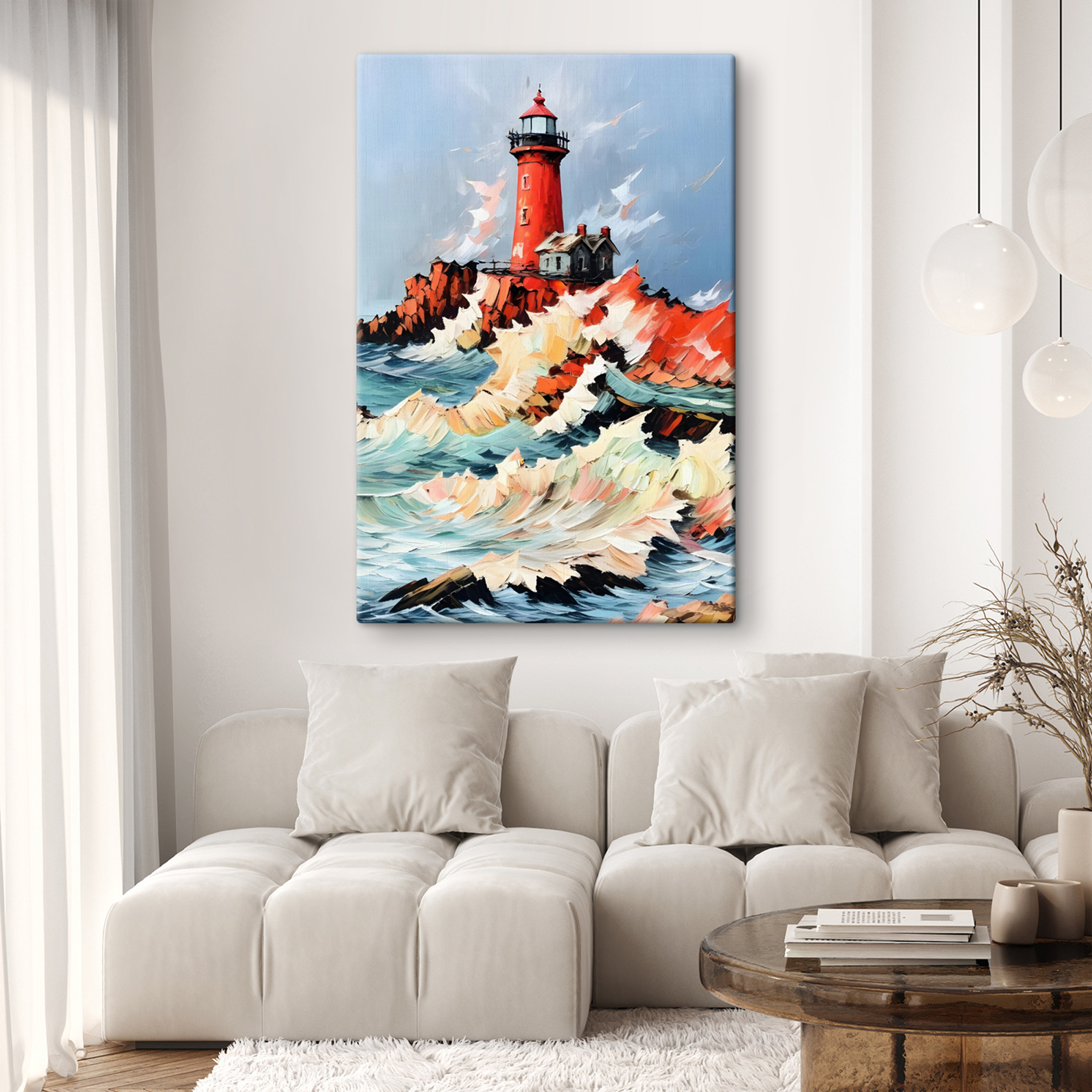Painting of a lighthouse in the ocean Painting of a lighthouse in the ocean