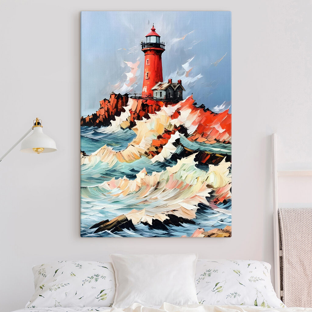 Painting of a lighthouse in the ocean Painting of a lighthouse in the ocean