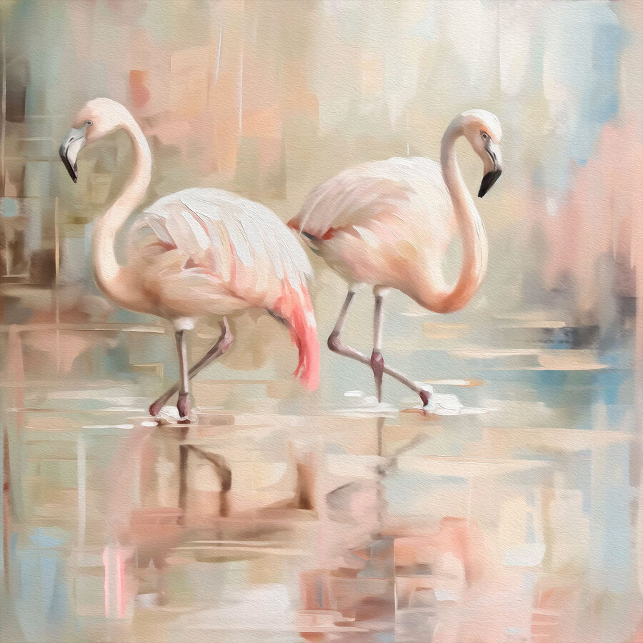 Două flamingo mergând pe apă