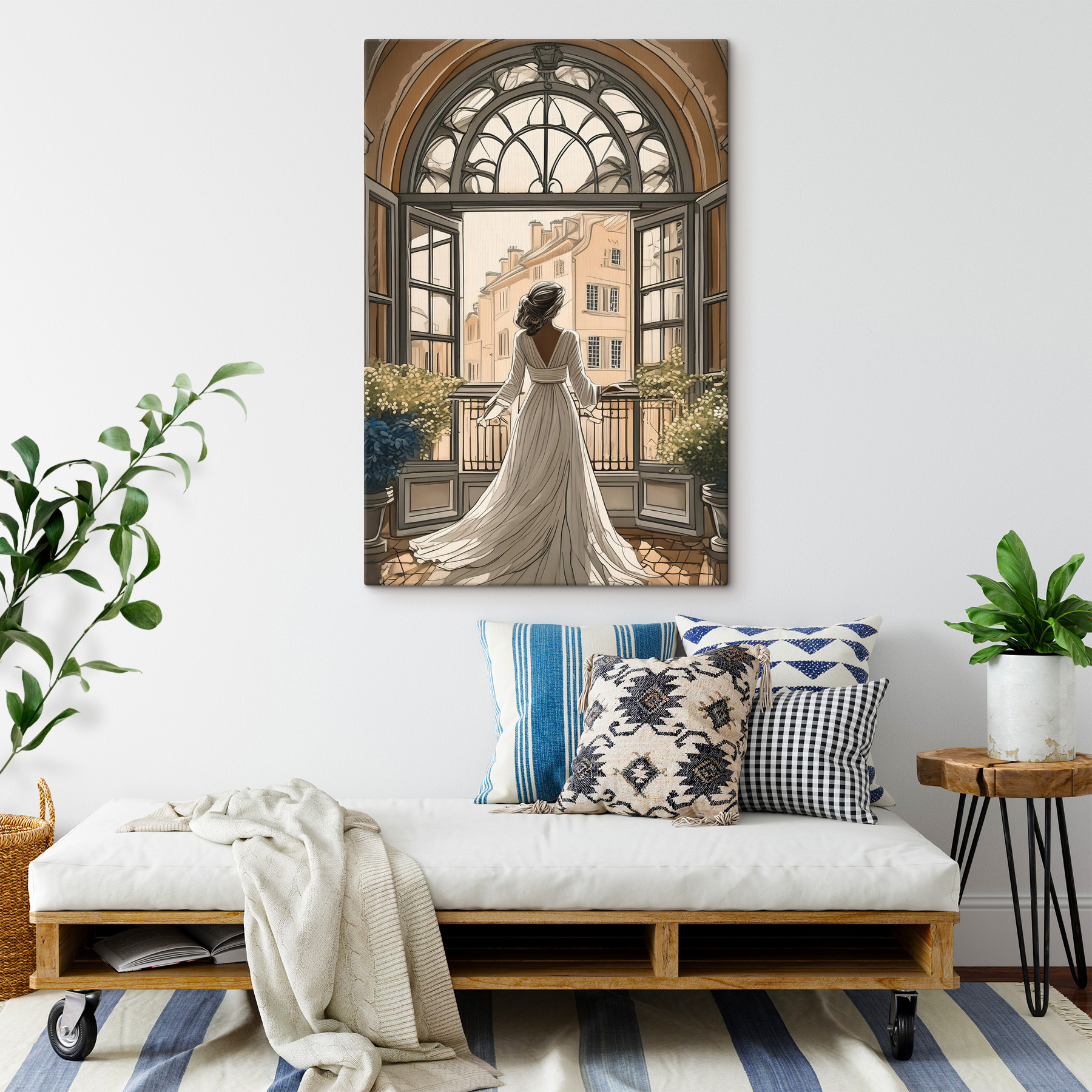 Woman in a white dress looking out a window
