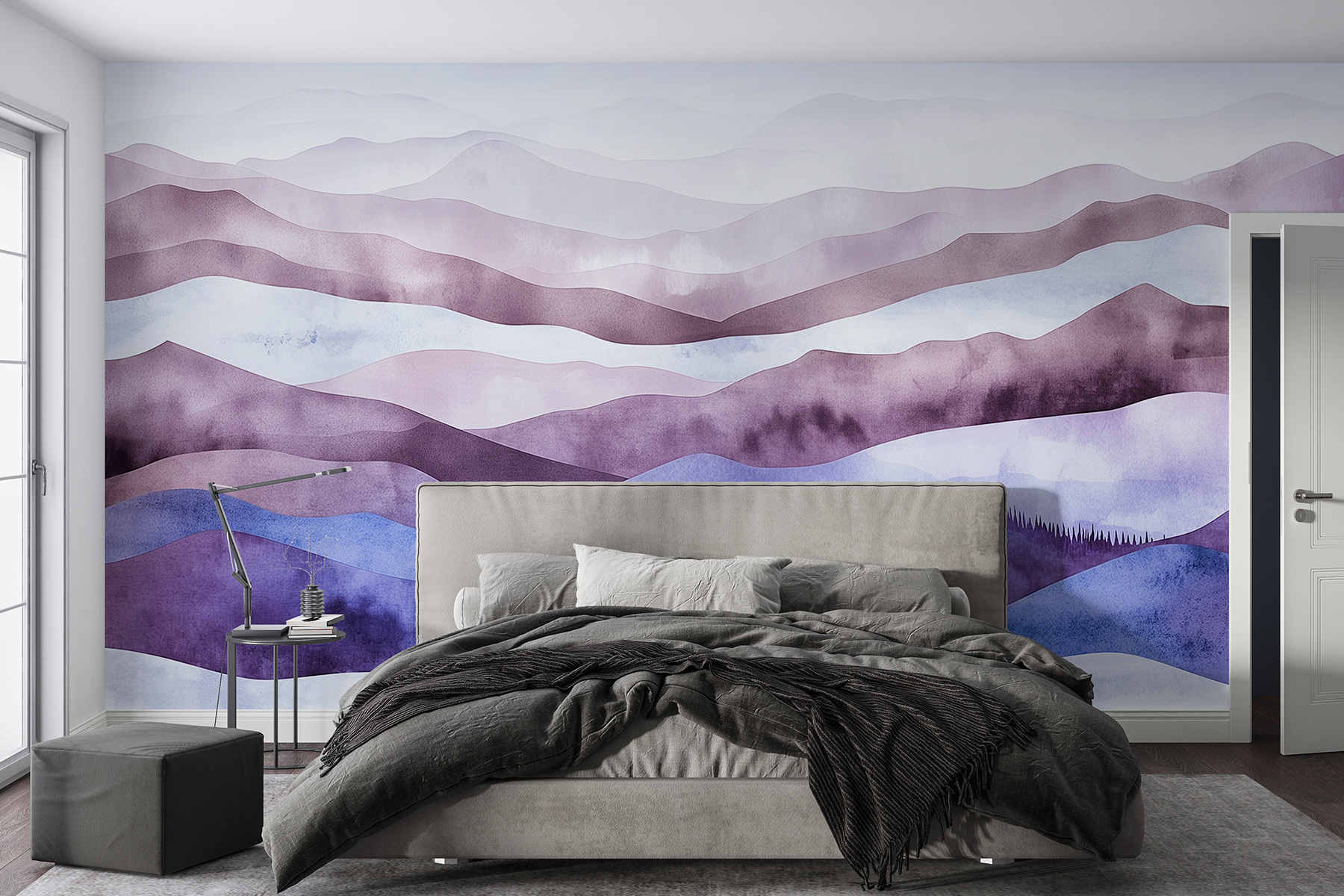 Painting of mountains with fog