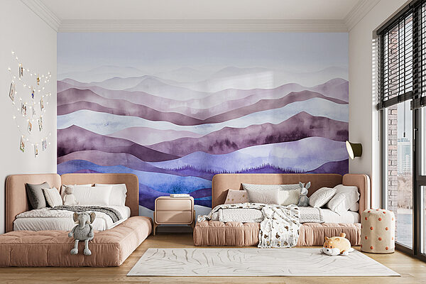 Painting of mountains with fog