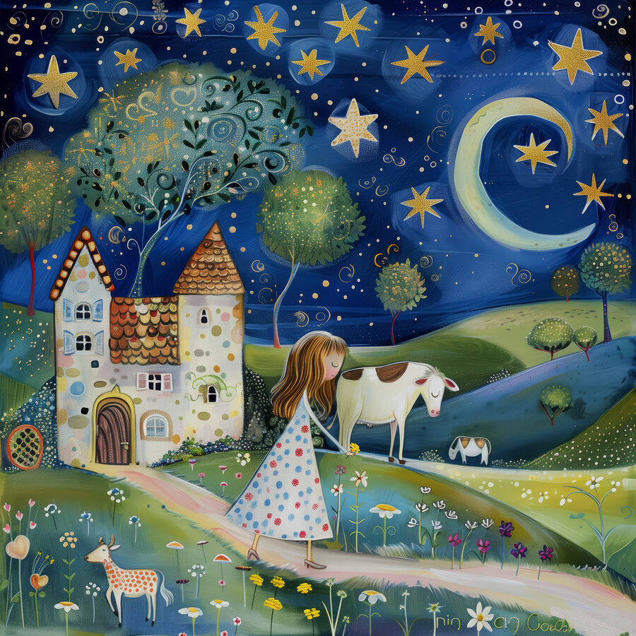 Girl walking on a path with a cow and a house Girl walking on a path with a cow and a house