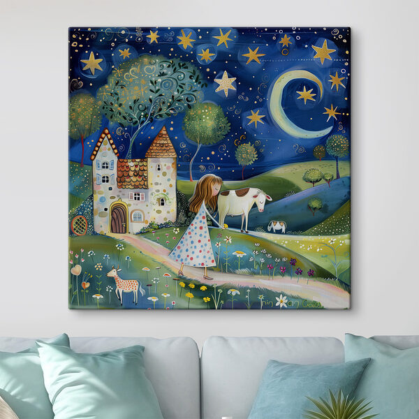 Girl walking on a path with a cow and a house Girl walking on a path with a cow and a house