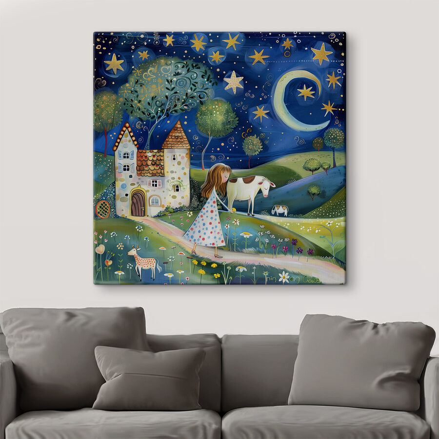 Girl walking on a path with a cow and a house Girl walking on a path with a cow and a house