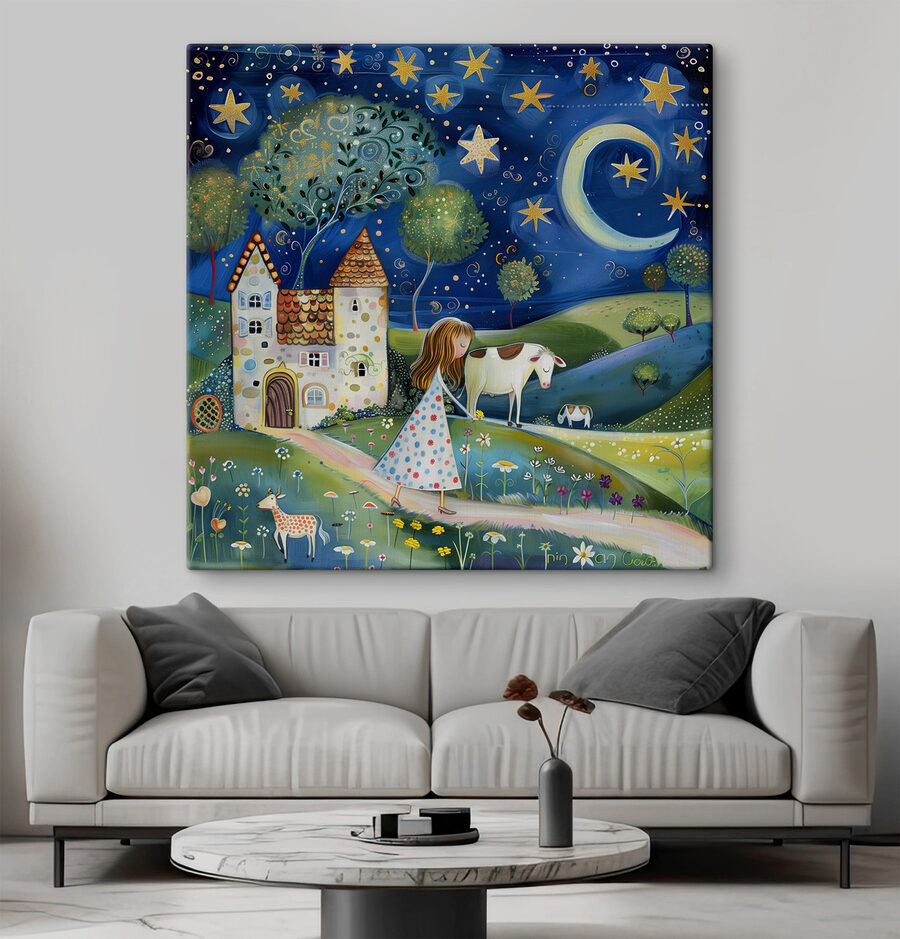 Girl walking on a path with a cow and a house Girl walking on a path with a cow and a house