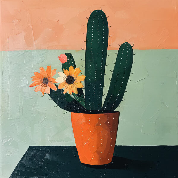 Pictura unui cactus cu flori într-o oală Pictura unui cactus cu flori într-o oală
