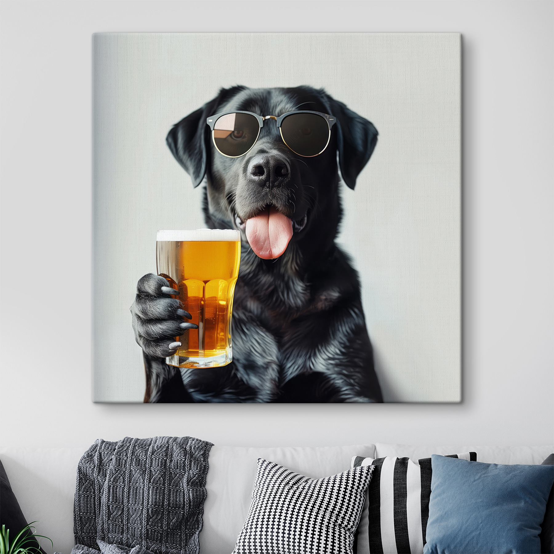 Dog wearing sunglasses and holding a glass of beer