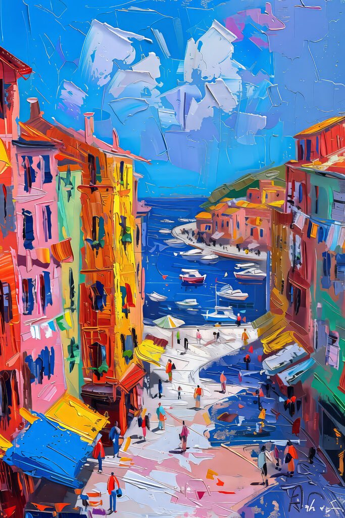 Painting of a city with boats and people