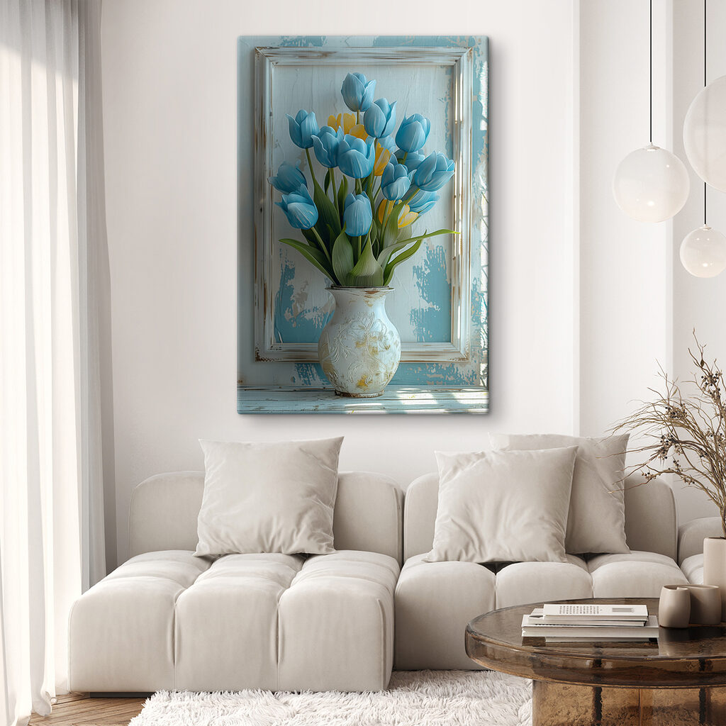 Vase of blue and yellow tulips Vase of blue and yellow tulips