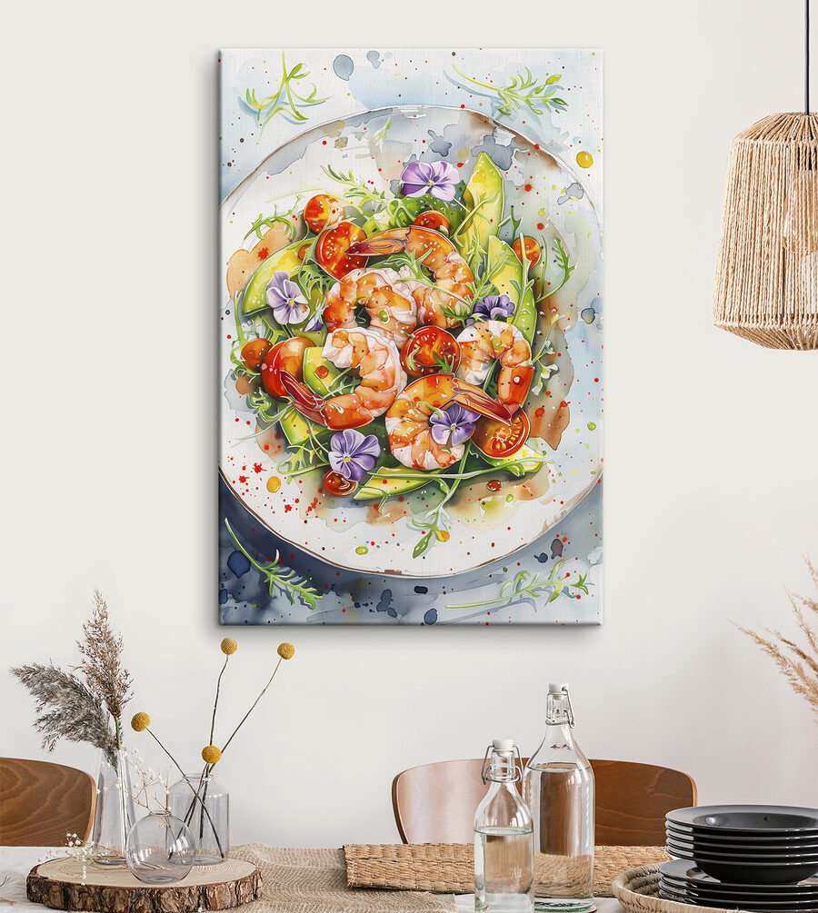 Pictura acuarelă a unei farfurii de creveți și avocado
