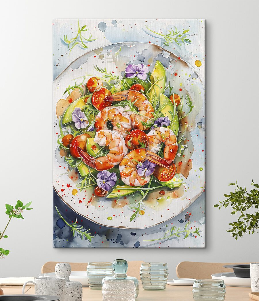 Pictura acuarelă a unei farfurii de creveți și avocado