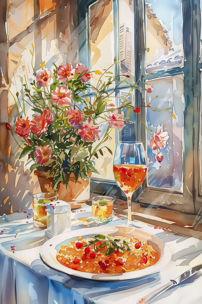 Watercolor painting of a table with food and flowers