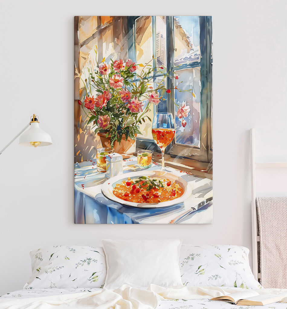 Watercolor painting of a table with food and flowers