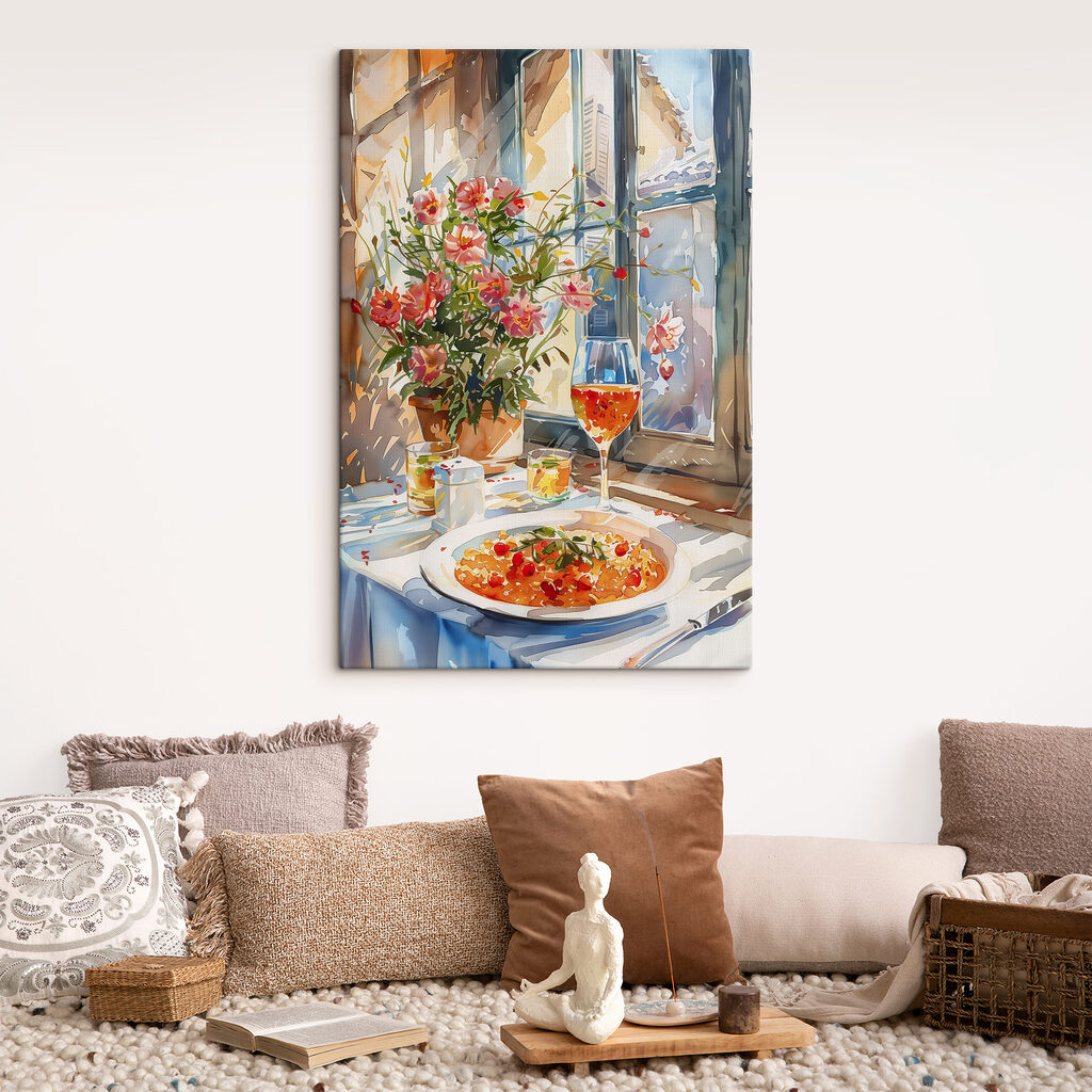 Watercolor painting of a table with food and flowers