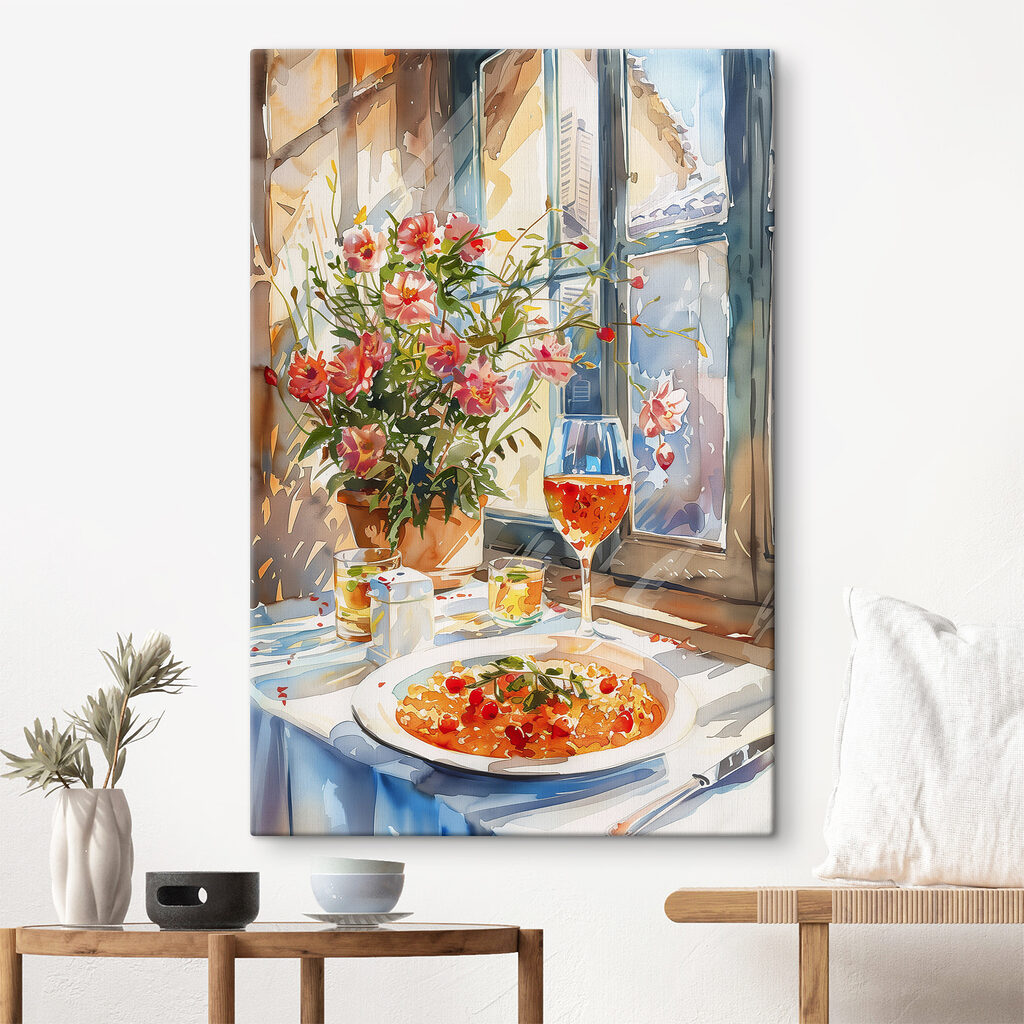Watercolor painting of a table with food and flowers
