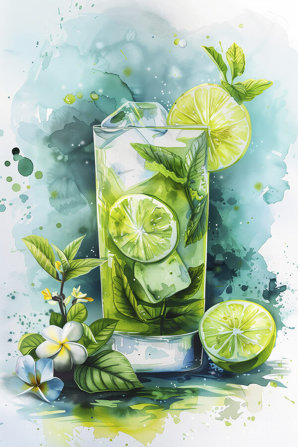 Acuarelă a unei băuturi cu limes și frunze Acuarelă a unei băuturi cu limes și frunze