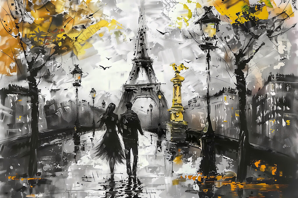 Couple strolling in Parisian art