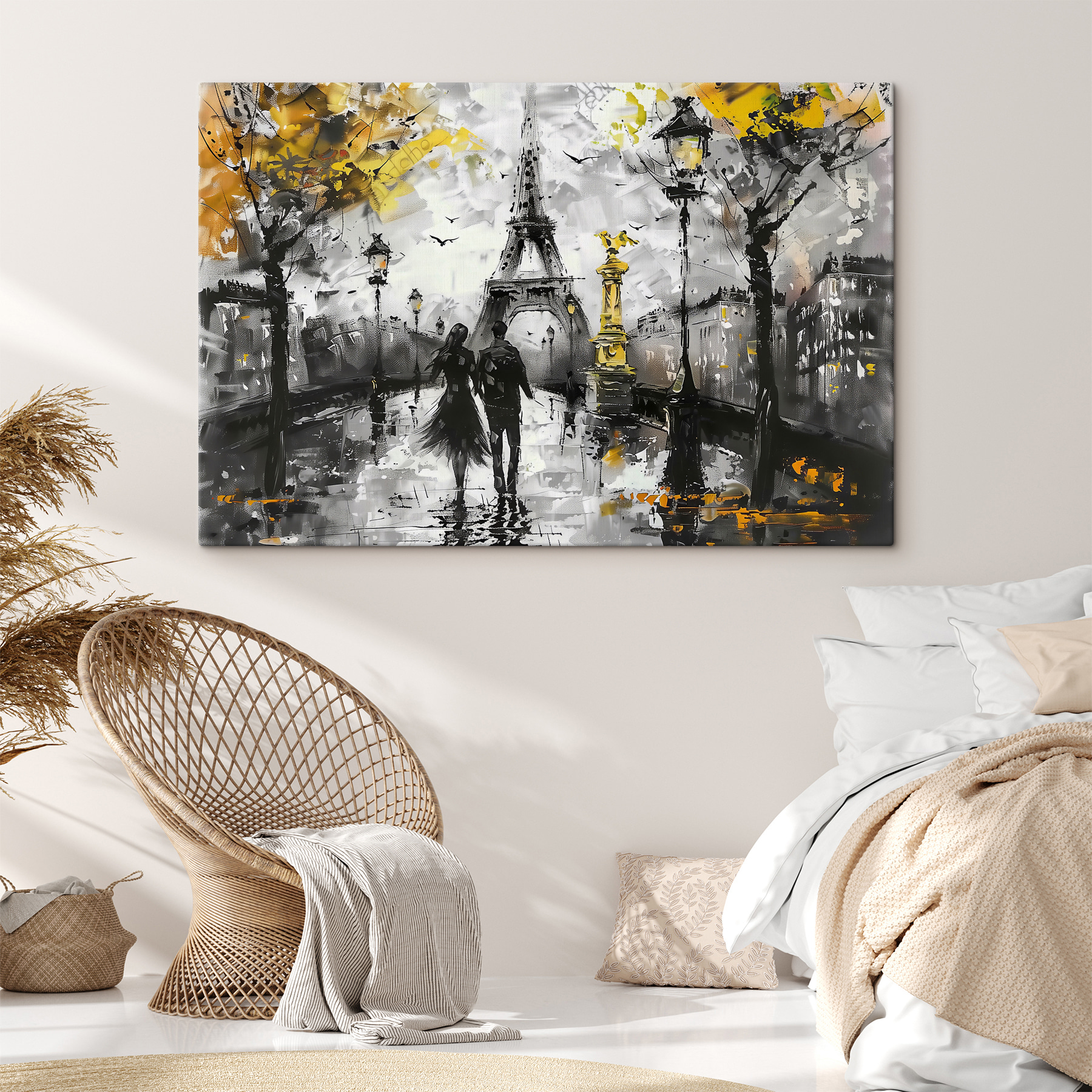 Couple strolling in Parisian art