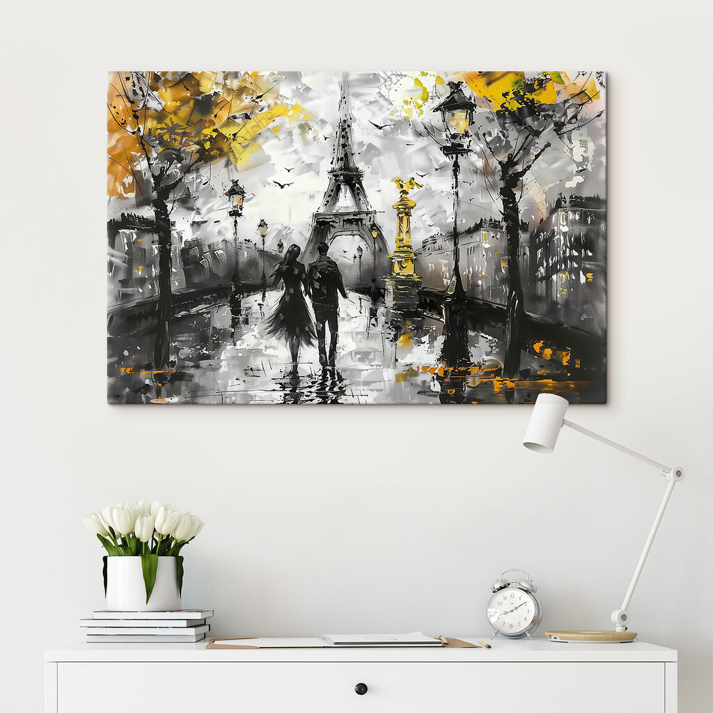 Couple strolling in Parisian art