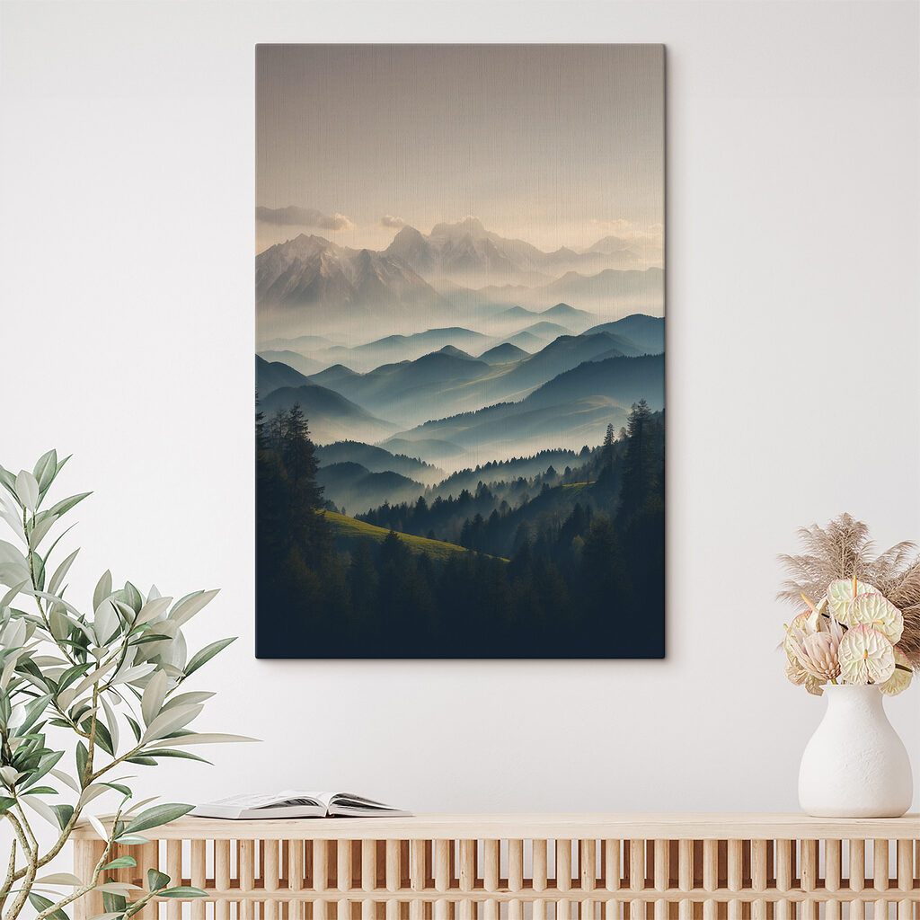 Mountain range with trees and fog