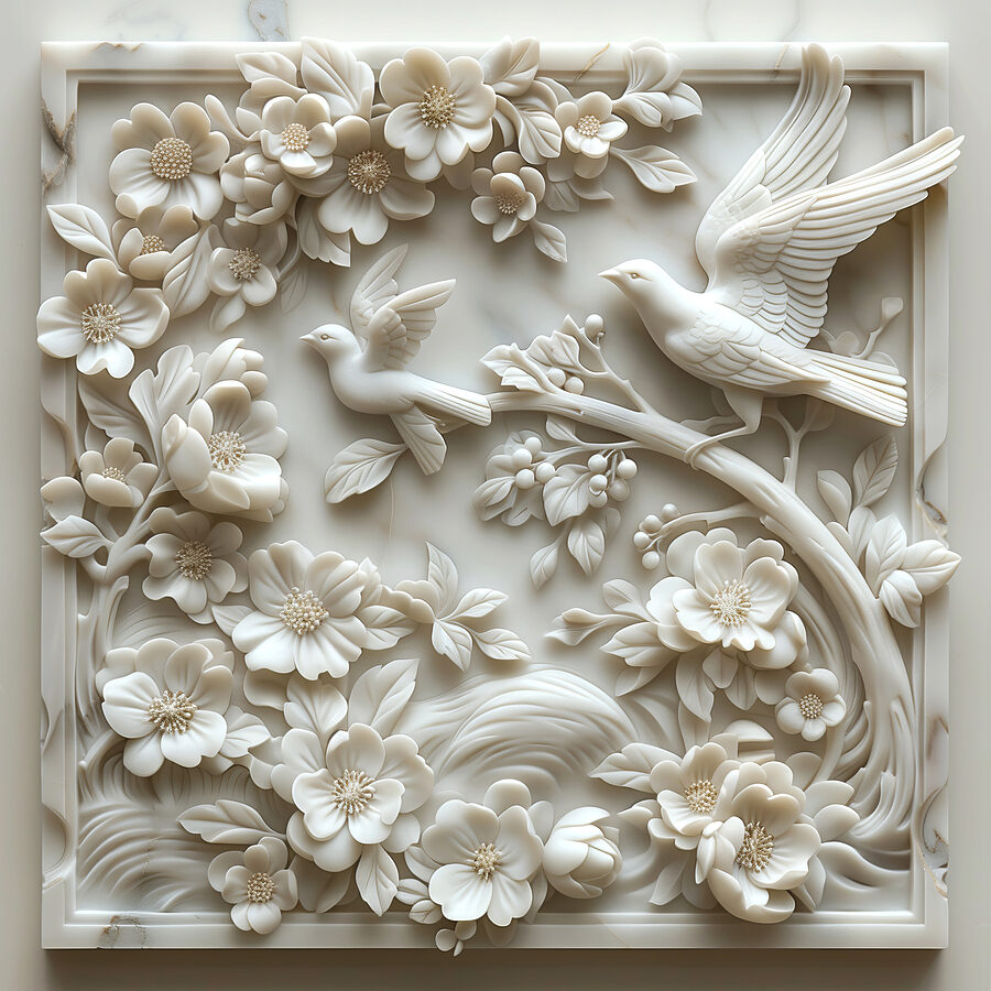 Sculptură albă de păsări și flori Sculptură albă de păsări și flori