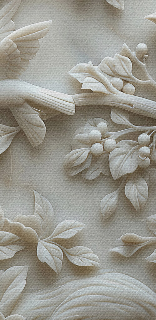 White sculpture of birds and flowers White sculpture of birds and flowers