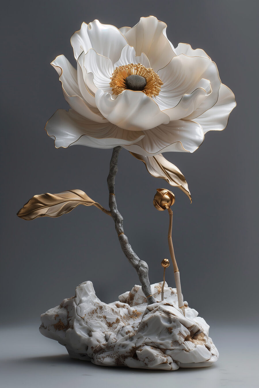 Sculptură florală elegantă din porțelan expusă.