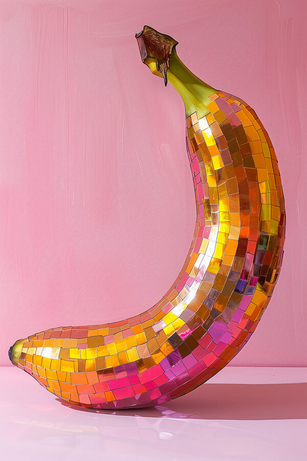 Banană oglindă colorată pe un fundal roz Banană oglindă colorată pe un fundal roz
