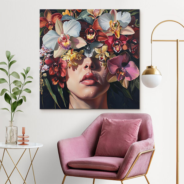 Pictura unei femei cu flori pe cap Pictura unei femei cu flori pe cap