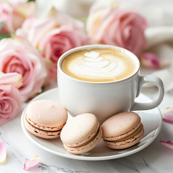 Ceașcă de cafea și prăjituri pe o farfurie Ceașcă de cafea și prăjituri pe o farfurie