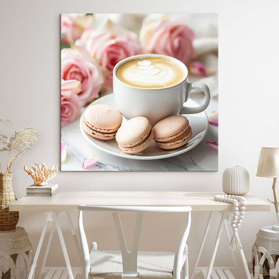 Ceașcă de cafea și prăjituri pe o farfurie
