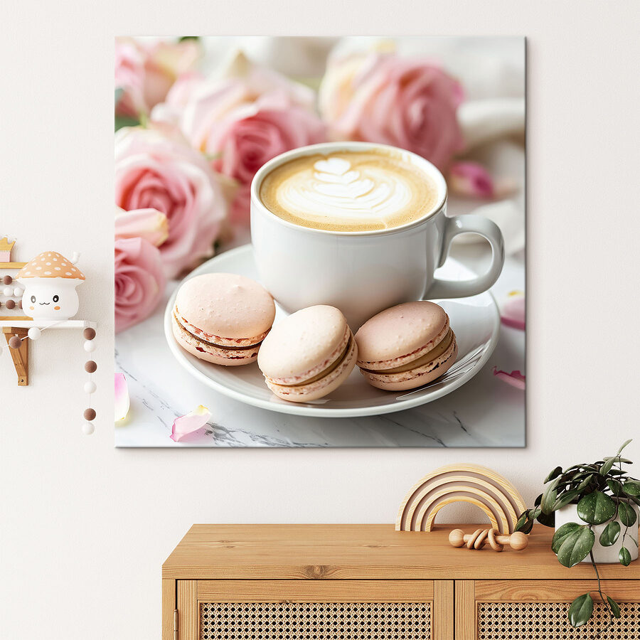 Ceașcă de cafea și prăjituri pe o farfurie