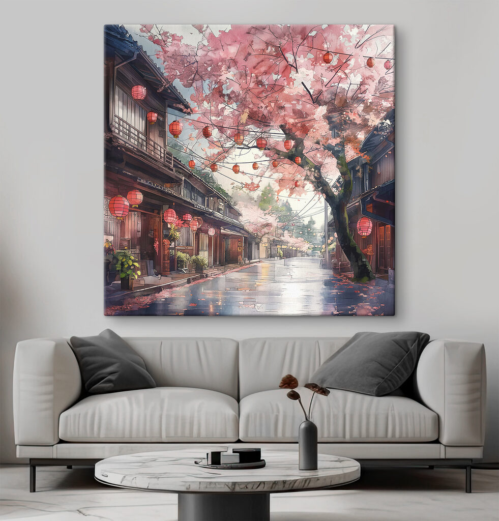 Street with pink lanterns and trees