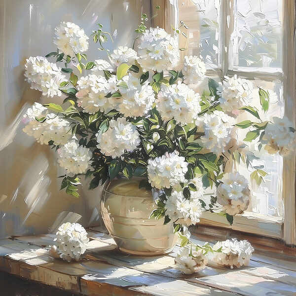 Vase of white flowers in front of a window