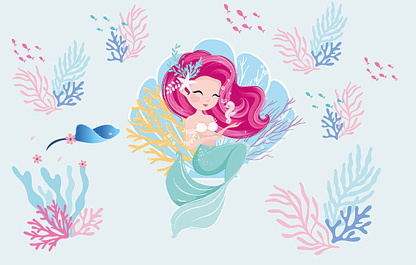 Sirenă de desene animate cu păr roz și un căluț de mare Sirenă de desene animate cu păr roz și un căluț de mare