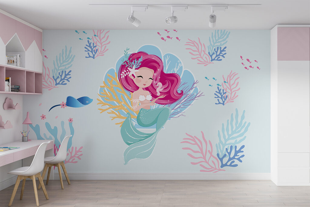 Cartoon mermaid with pink hair and a seahorse
