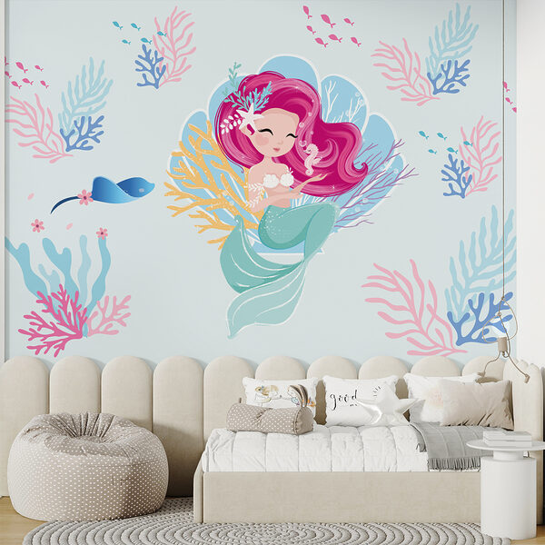 Sirenă de desene animate cu păr roz și un căluț de mare Sirenă de desene animate cu păr roz și un căluț de mare