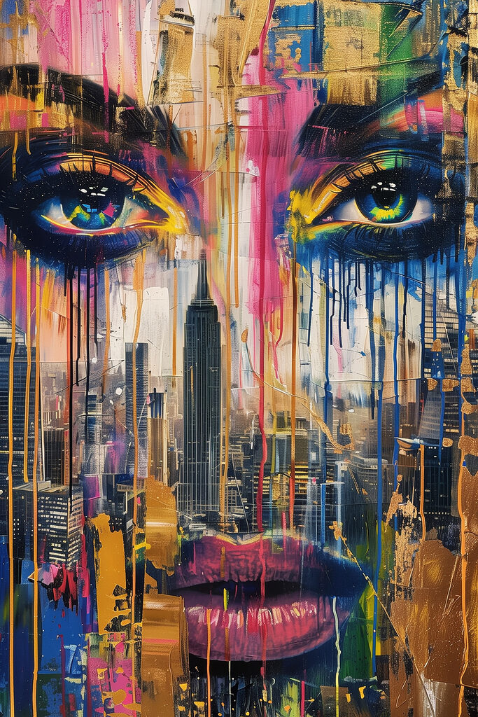 Painting of a woman's face with colorful paint dripping down Painting of a woman's face with colorful paint dripping down