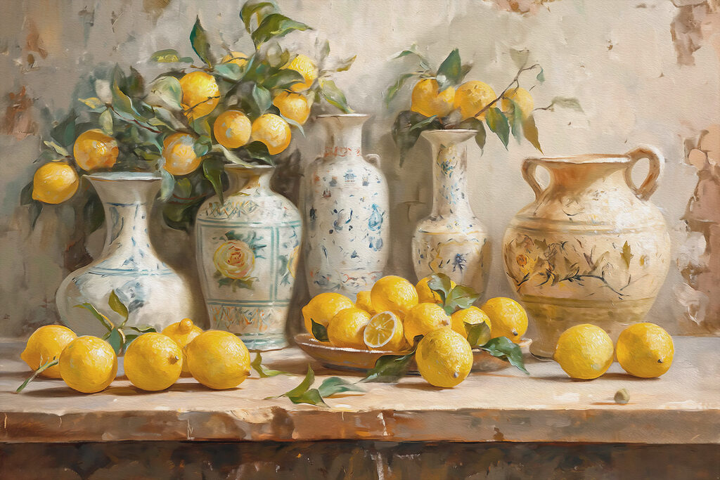 Pictura de lămâi și vaze pe o masă s39833p 1024x683 - Pictura de lămâi și vaze pe o masă
