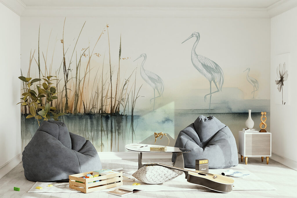 Drawing of birds standing on the water