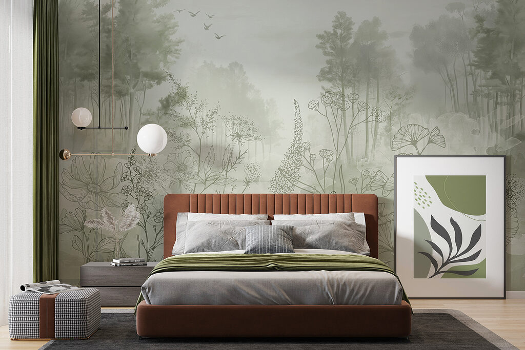 Foggy forest with trees and birds Foggy forest with trees and birds